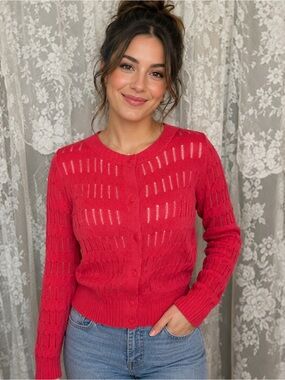 99% Cotton Anne Klein Bright Pink Open-Knit Button Cardigan Large